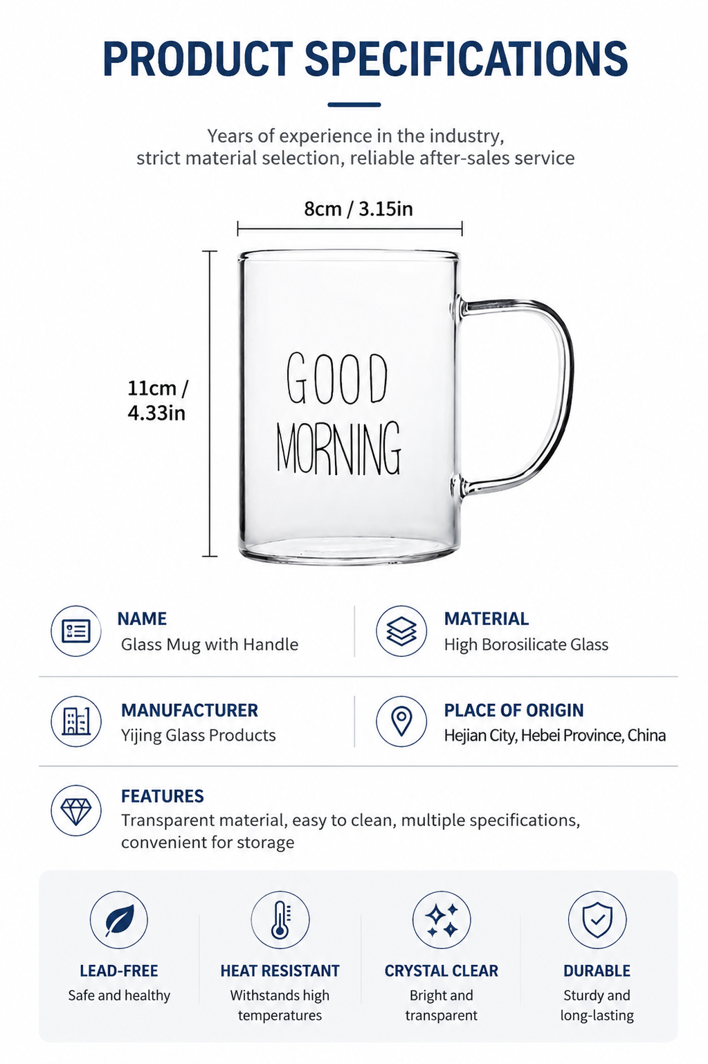 High borosilicate transparent glass cup, household drinking cup