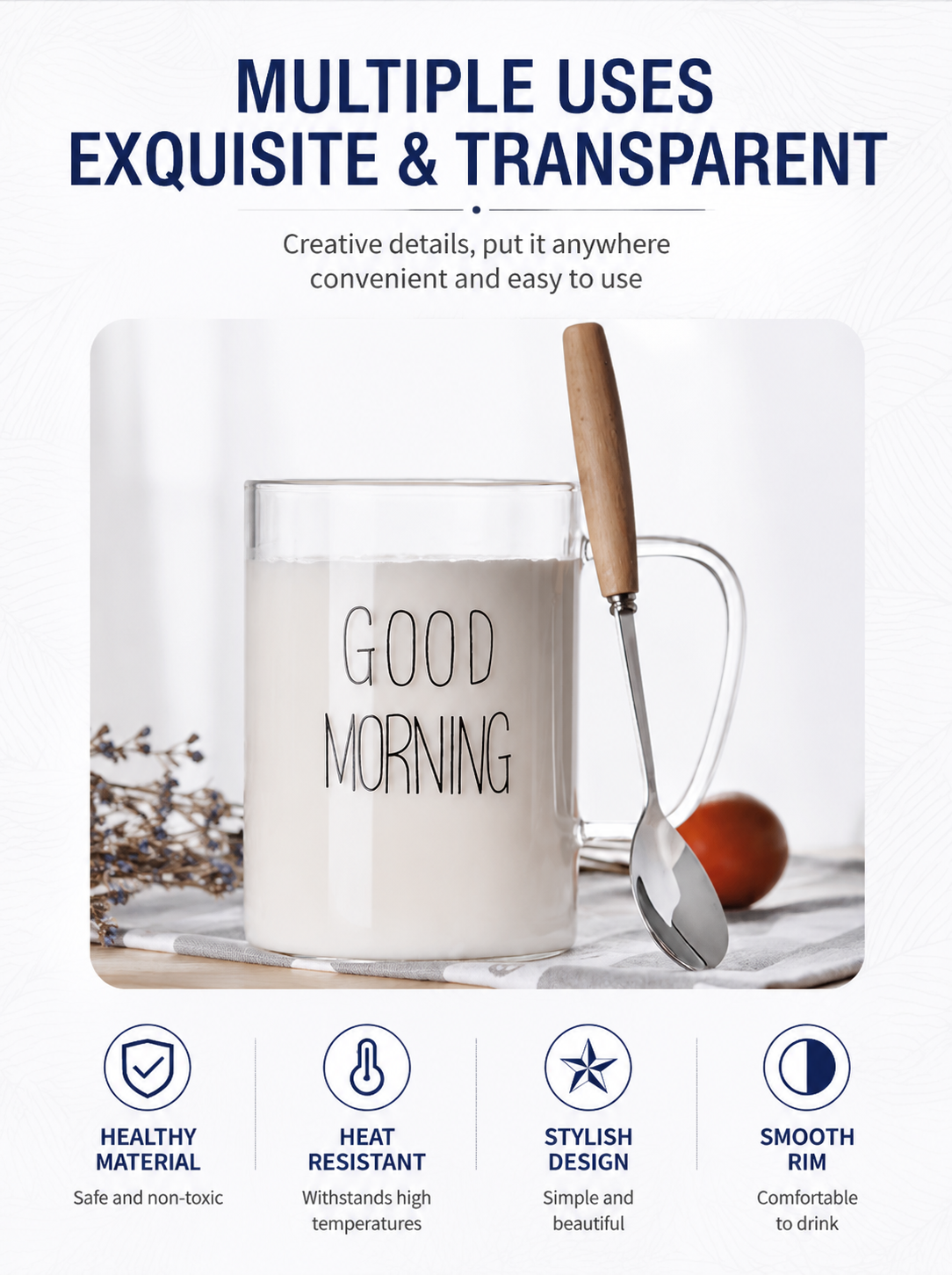 High borosilicate transparent glass cup, household drinking cup