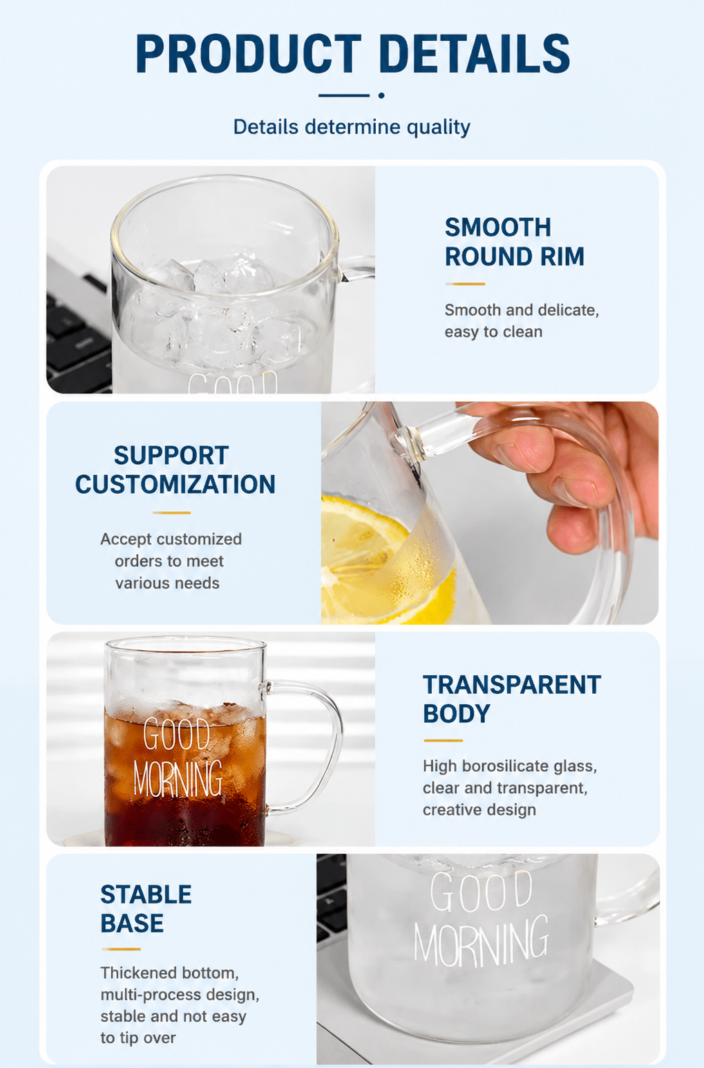 High borosilicate transparent glass cup, household drinking cup