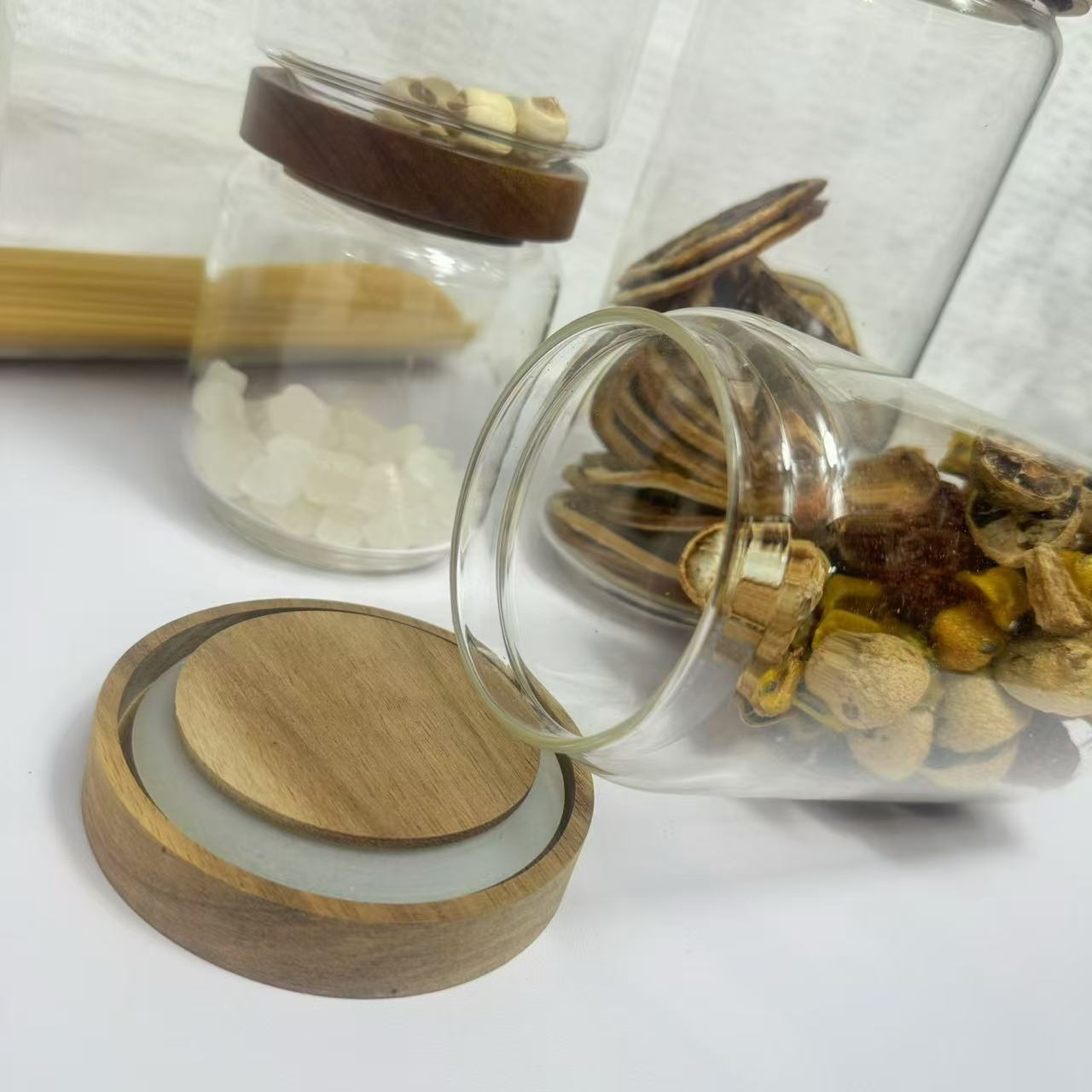 Acacia wood storage jar